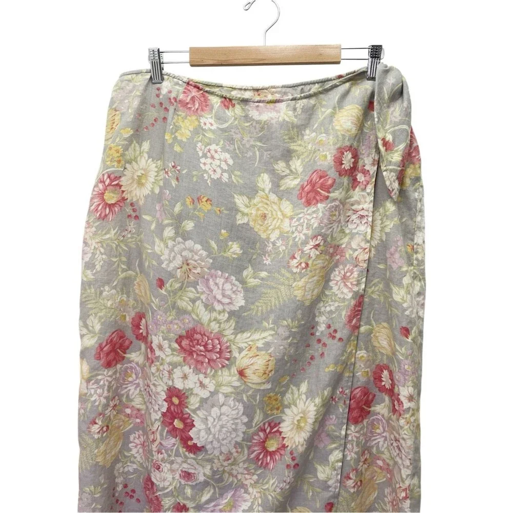 Vintage Lauren Ralph Lauren Floral Linen Wrap Skirt Gray Pink Yellow Sz 18W Midi